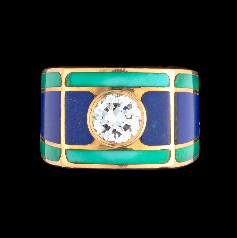RING, briljantslipad diamant, ca 1 ct med grönt och blått emaljarbete.