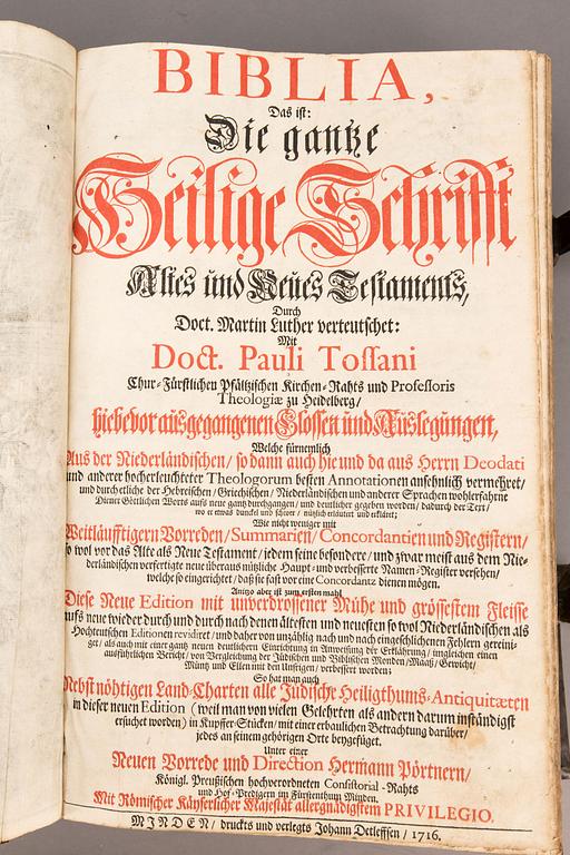 BIBLIA GERMANICA, "Das ist Die ganze Heilige Schrift Alten und Neuen Testaments..." Tryckt hos Johann Detlefffen 1716.