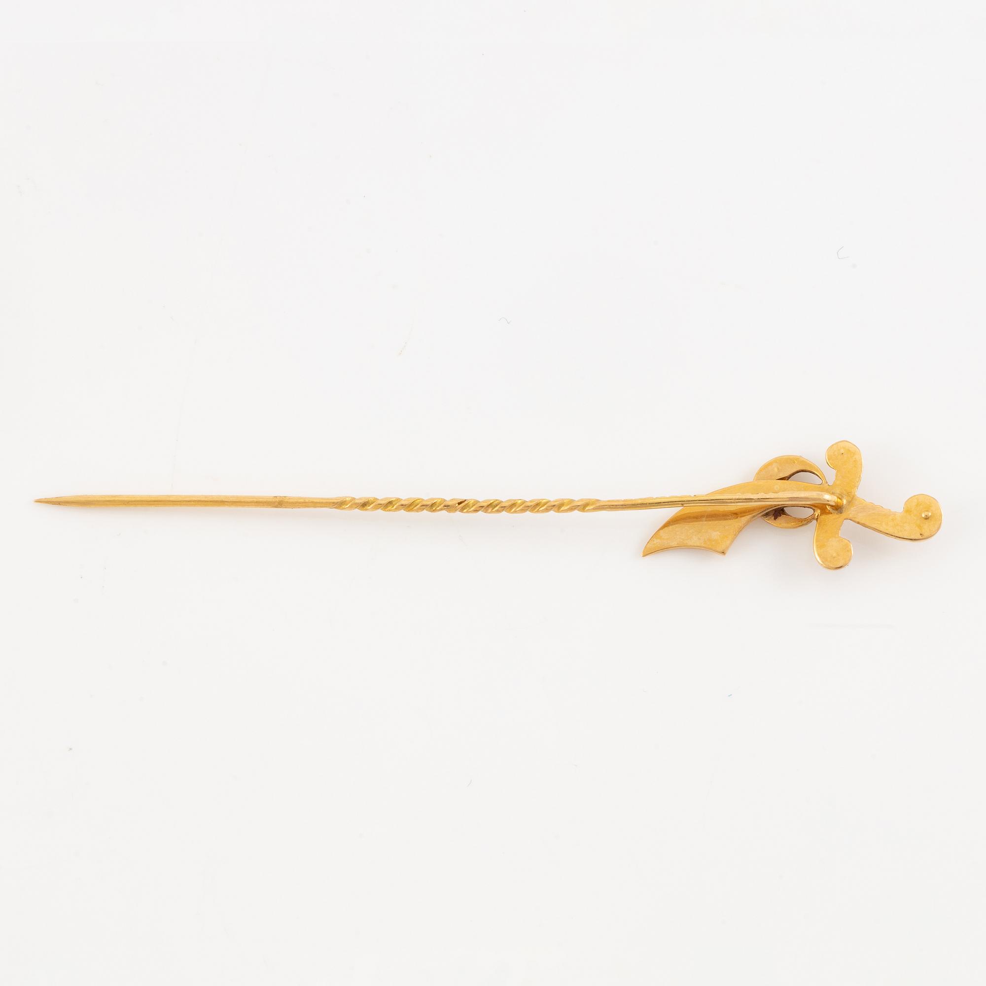 Tie pin/hat pin, in the form of a sword, 18K gold with seed pearls.