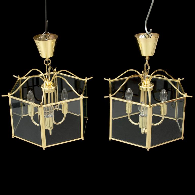 A second half of the 20th Century pair of brass lanterns.