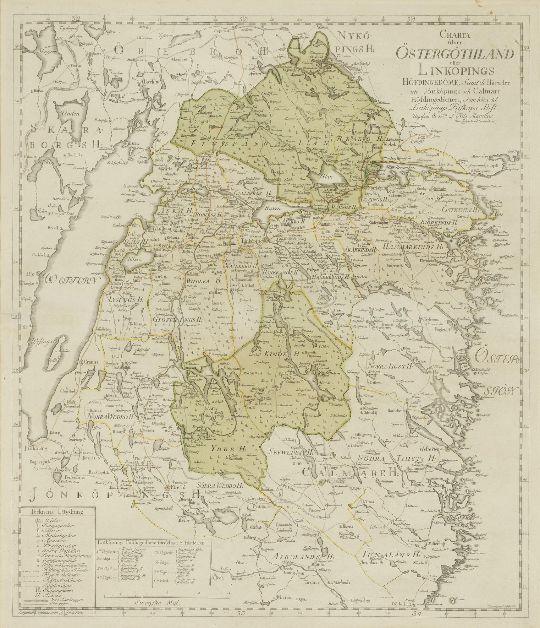 A map, hand-coloured copper engraving, Nils Marelius, 1779.