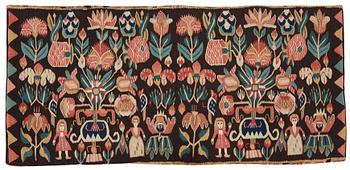 415. A CARRIAGE CUSHION. Tapestry weave. "Urnor och par". 48,5 x 101,5 cm. Southern Scania, Sweden, 19th century.