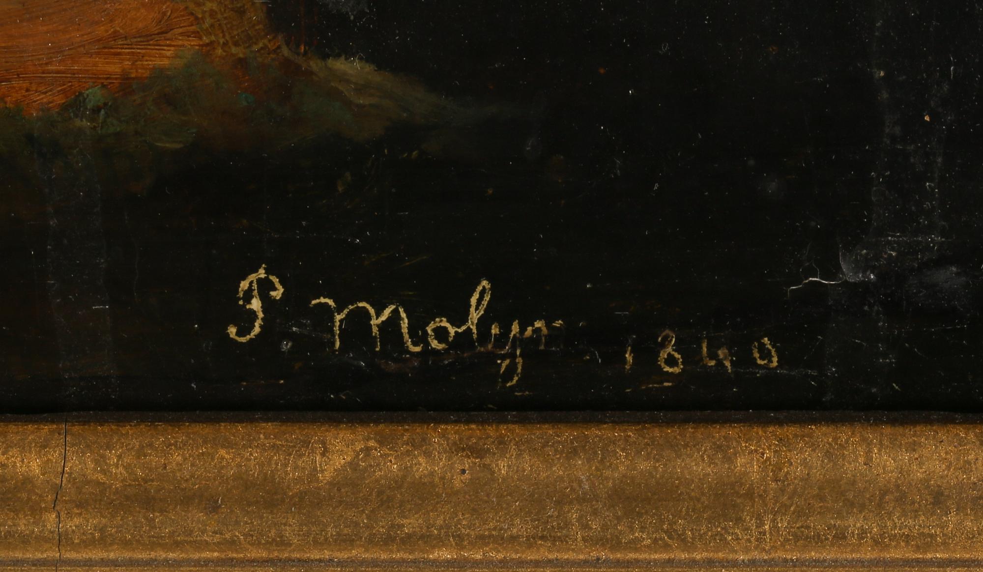 OKÄND KONSTNÄR, olja på pannå, signerad P Molyn och  daterad 1840.