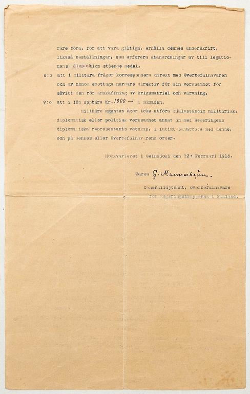Gustaf Mannerheim 1867-1951, Finland, baron, military leader and statesman. Signed document Swedish Brigade 1918.