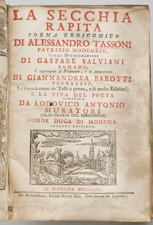 BOK, "La  Secchia Rapita Poema Eroicomico de Alessandro Tassoni.." Modena 1744.