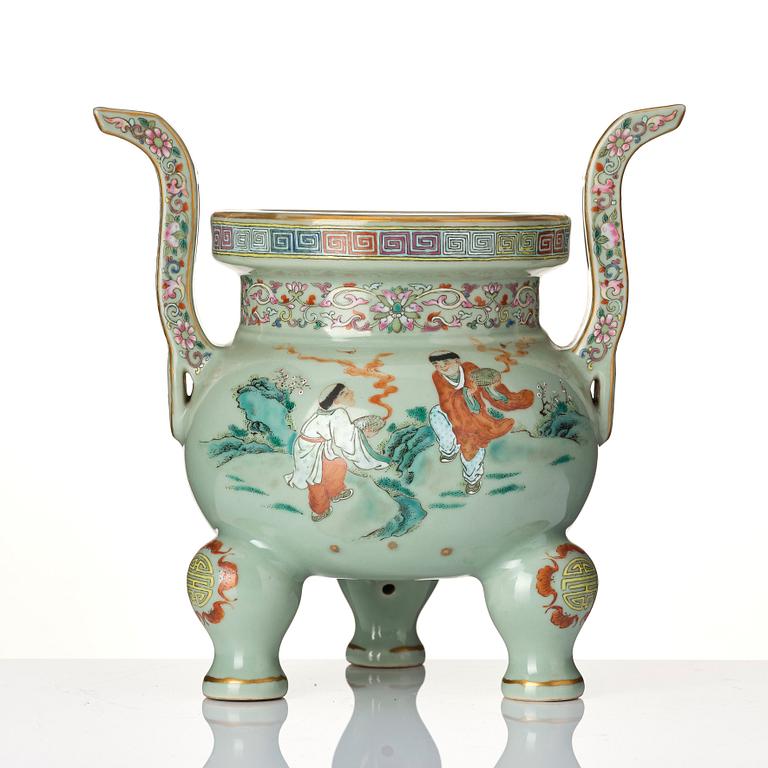 A famille rose tripod censer, Qing dynasty with Qianlong mark.