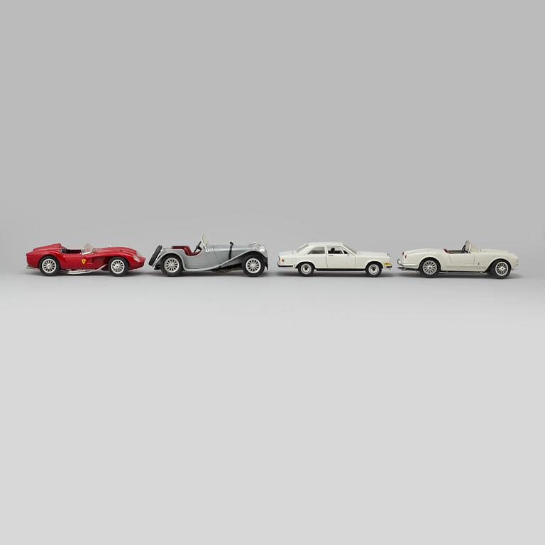 Four toy cars, Bburago, Italy, late-20th century.