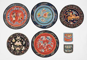 A group of five Chinese silk embroideries and two silk purses, around 1900.