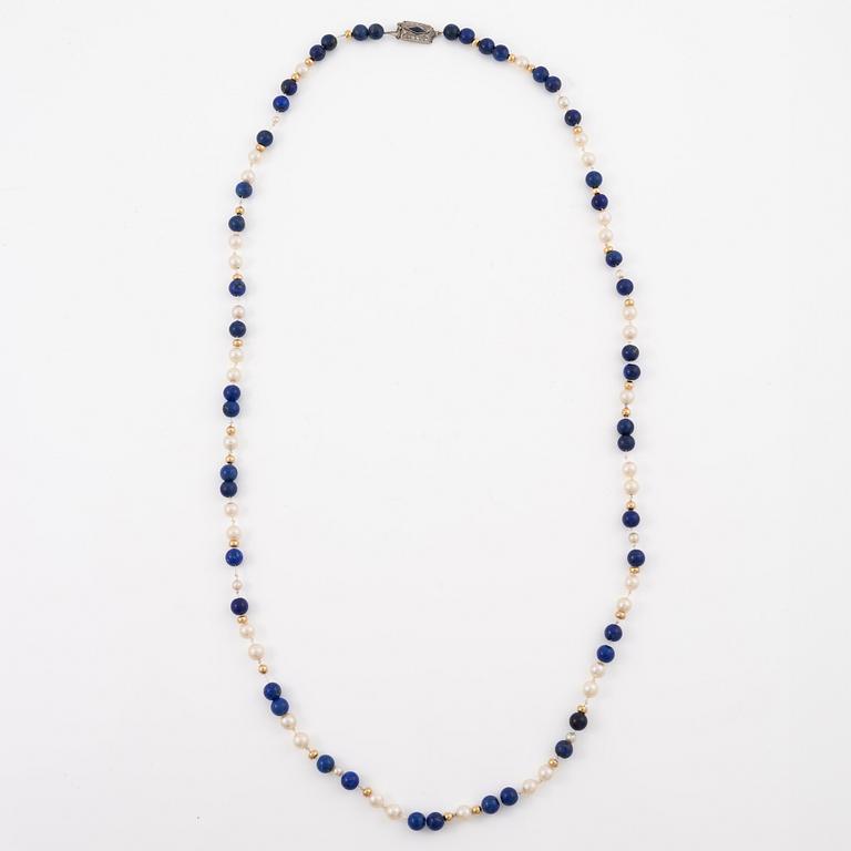 Collier lapis lazuli och odlade pärlor med rondeller.