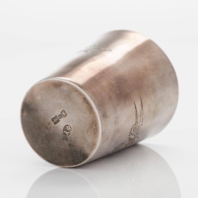 Alexander Fuld, a parcel-gilt beaker, Moscow 1895. In an oak case marked I.E. Morozov St. Petersburg.