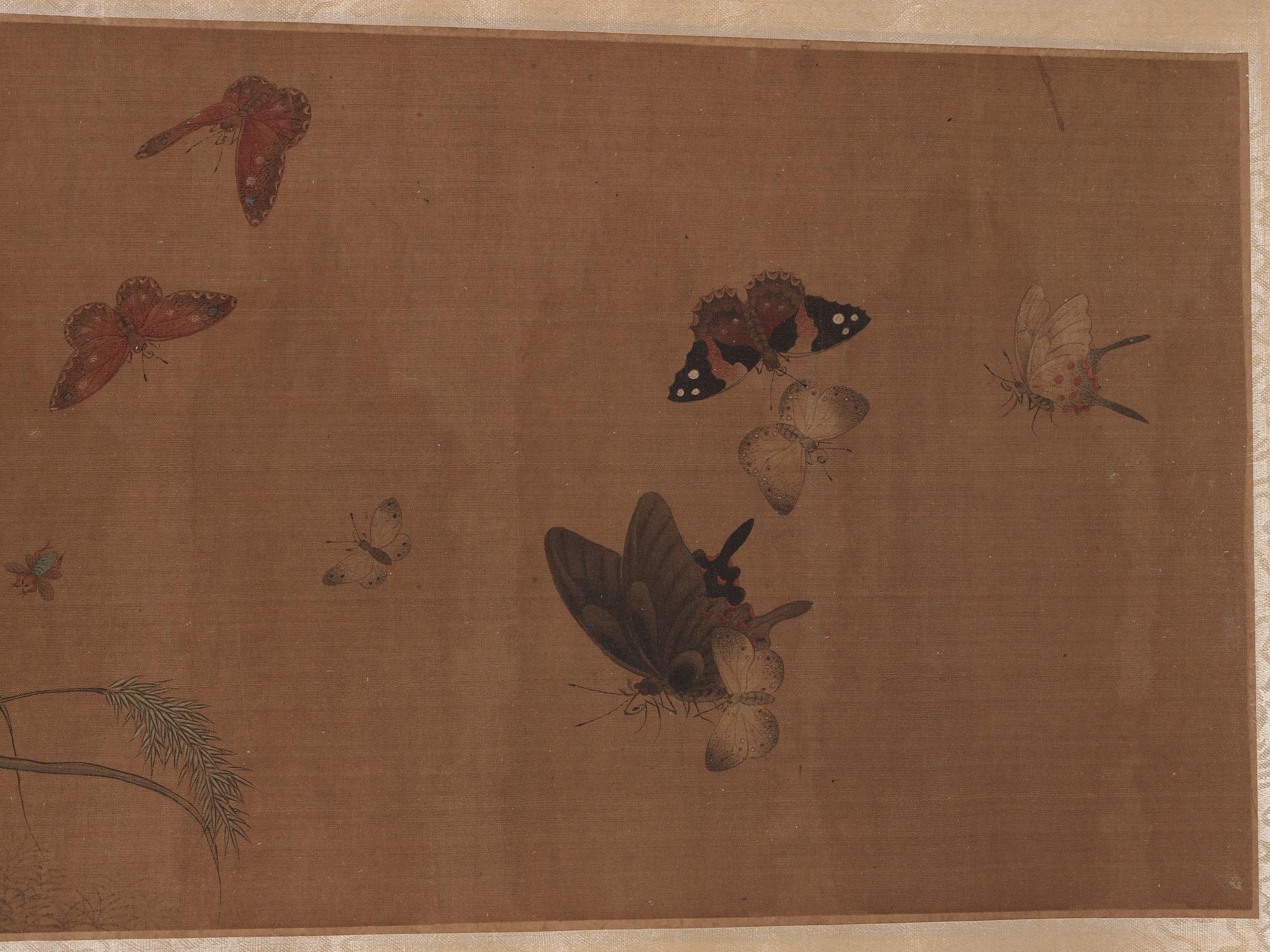 RULLMÅLNING, landskap med fjärilar och insekter i Qian Xuans (1235-1305) efterföljd, Qing dynastin 1800-tal.