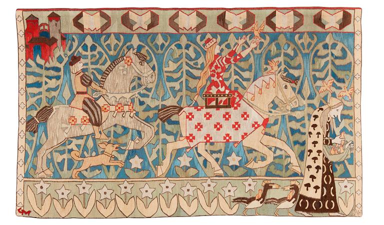 VÄVD TAPET. "Prinsessen og gullfuglene". Gobelängteknik. 141,5 x 231 cm. Signerad GM DNH (Gerhard Munthe, Den Norske Husflidsforening).