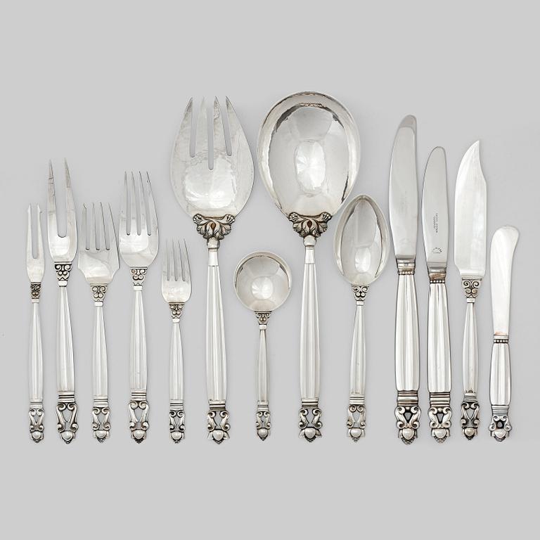 Johan Rohde, a set of 57 pcs of Acorn sterling and stainless steel flatware, Georg Jensen, Copenhagen post 1945.