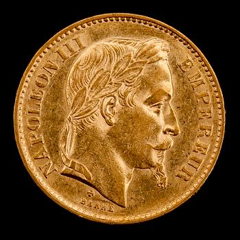 GULDMYNT, Napoleon III, 20 fr, 1869. Vikt ca 6 g.