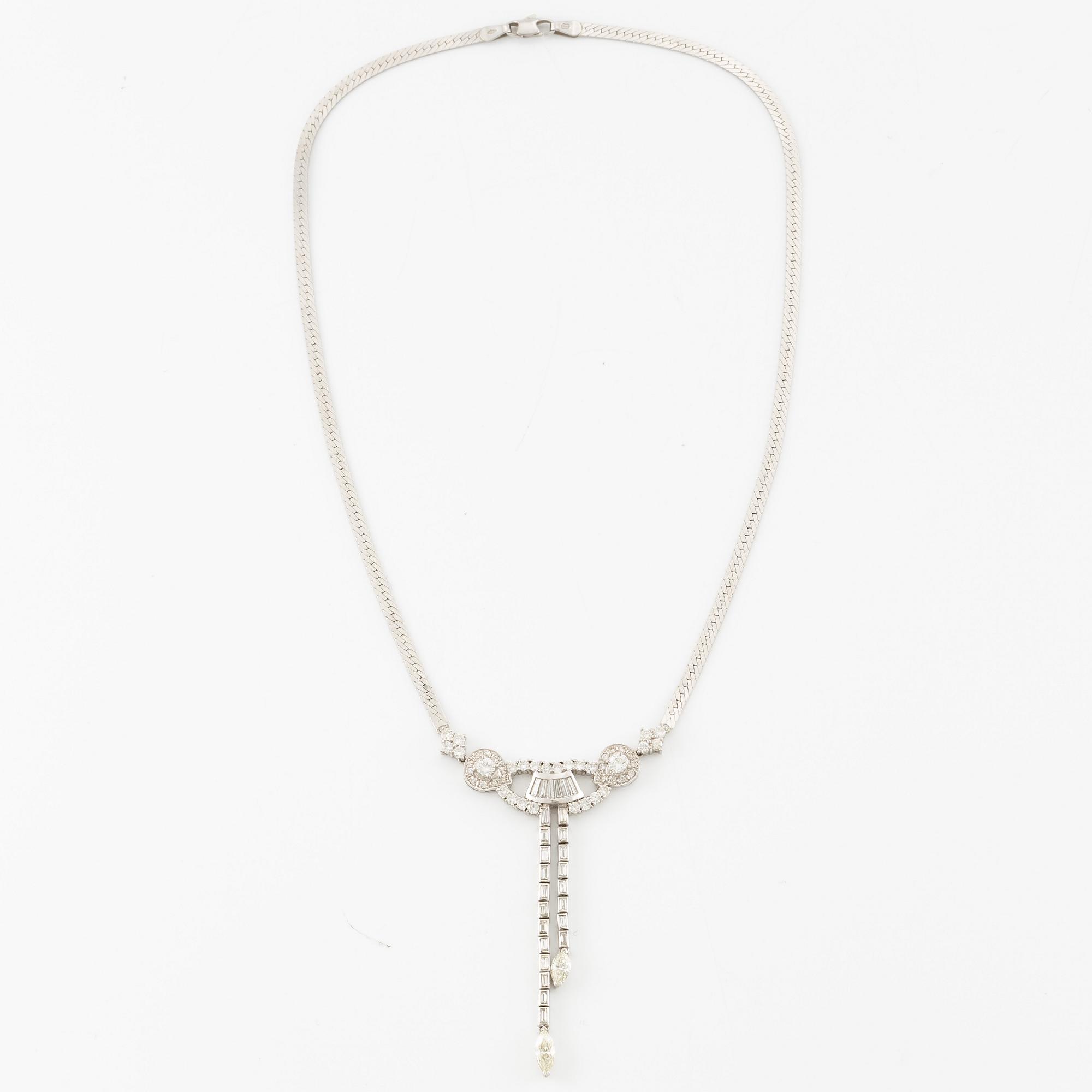 Necklace, 14K white gold with baguette-cut, brilliant-cut, and marquise-cut diamonds.