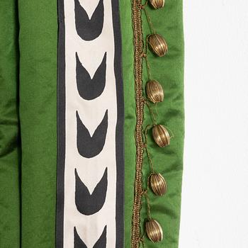 Curtains, a pair, green silk with ribbon embroidery.