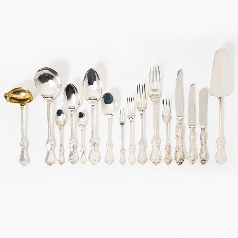 Bestickservis, silver, 112 delar, "Olga", mestadels GAB, Stockholm, 1956-1993.