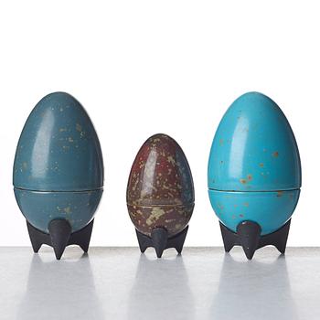 Hans Hedberg, a group of three faience sculptures of eggs, Biot, France.