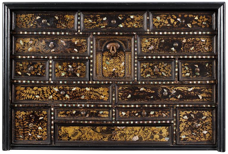 A Japanese black lacquer mother-of-pearl inlayed cabinet, Edo period, presumably Momoyama.