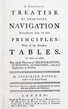 BOK, "A complete treatise of practical navigation...", av Archibald Patoun, London 1747.