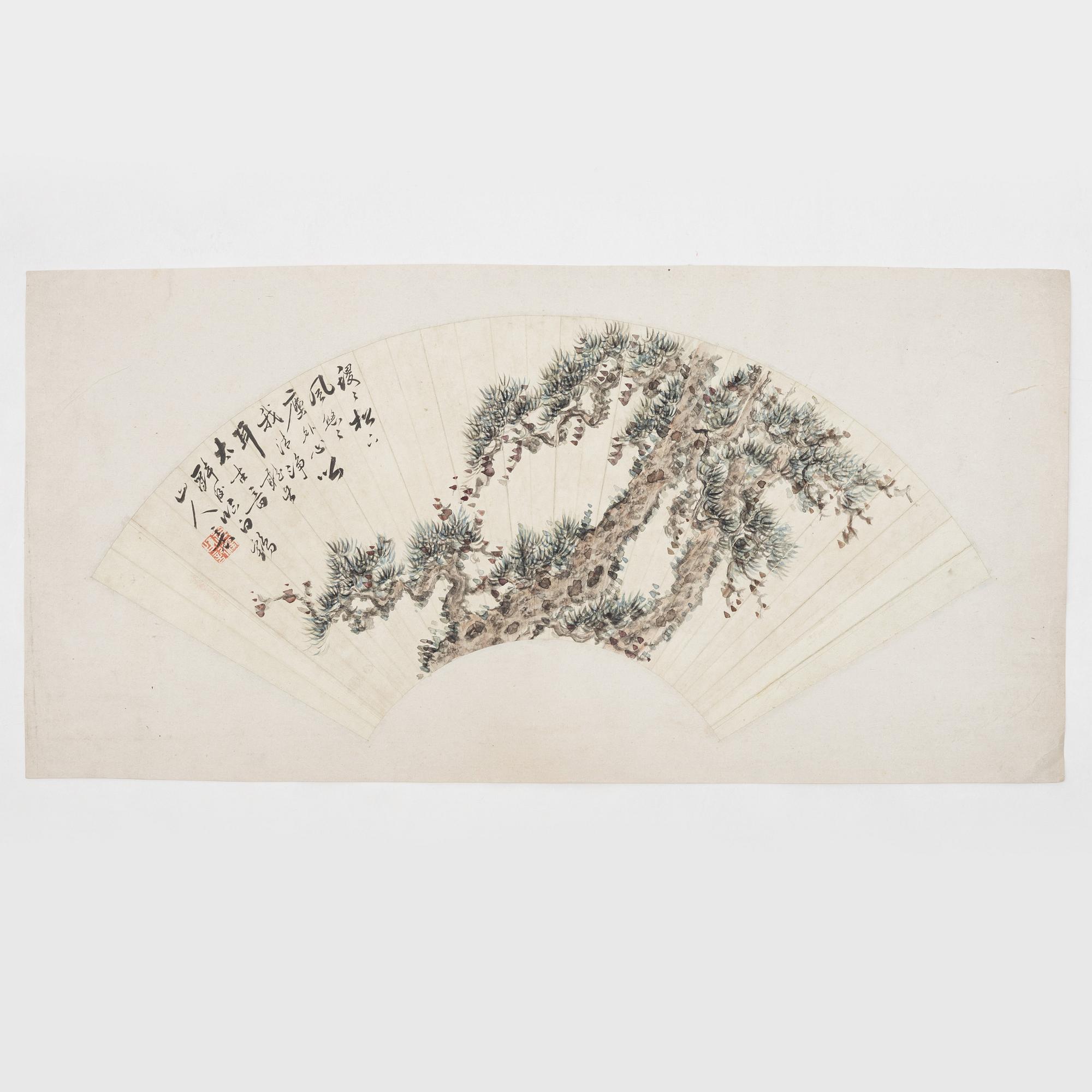 Oidentifierad konstnär, s.k. "Solfjädersmålning", Tall, Kina, 1900-tal.