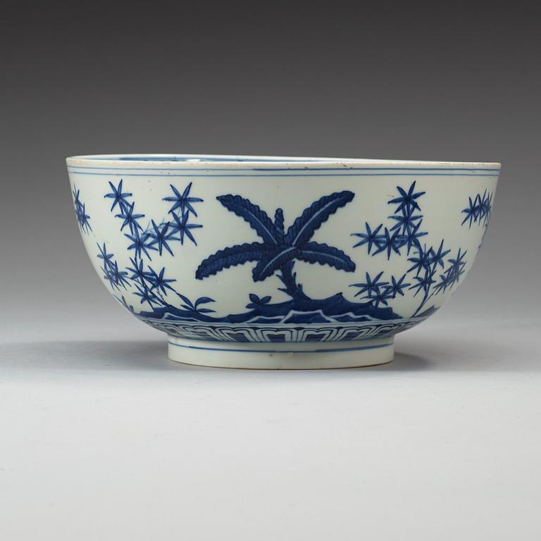 A blue and white bowl, Qing dynasty (1644-1912) with Wanli's six character mark.