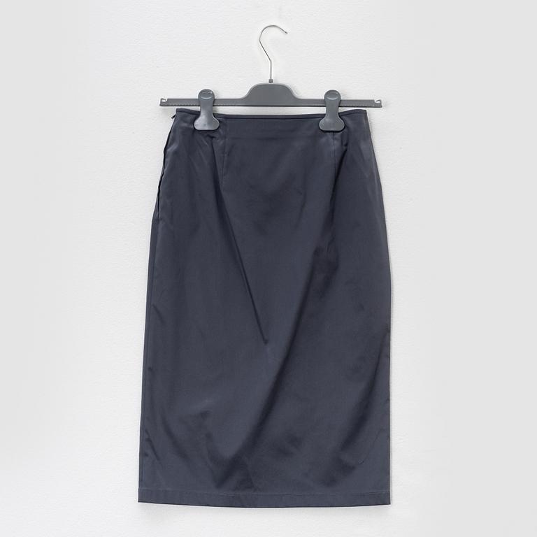 Prada, A dark grey silk-mix skirt and top.