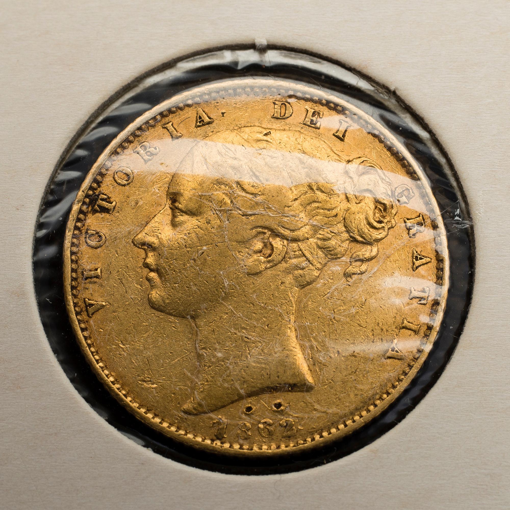 GULDMYNT, 2 st, Victoria Young Head Shield Sovereign-mynt, 1845 och 1862.