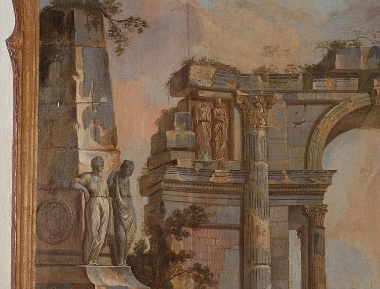 Johan Pasch Attributed to, Panel. Landscape with ruins and resting soldiers.