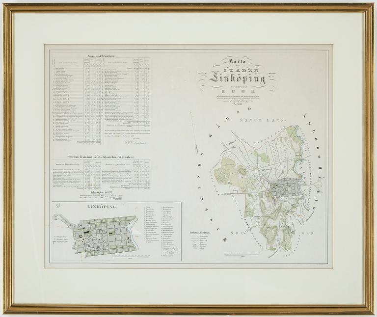 STADSKARTA, Linköping, Gustaf Ljunggren 1853.