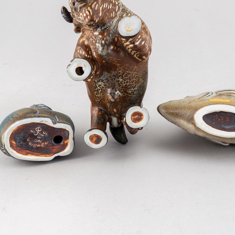 GUNNAR NYLUND, three stoneware sculptures, a buffalo, a dog and a fish, Rörstrand.