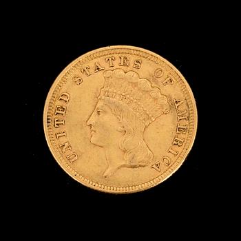 A 3 dollars Liberty gold coin from 1854. Weight ca 5 grams.