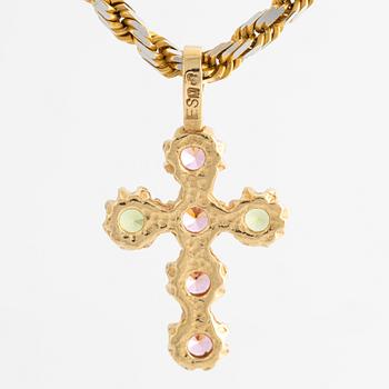 Hänge, kors med peridot och rosa stenar, med kedja.