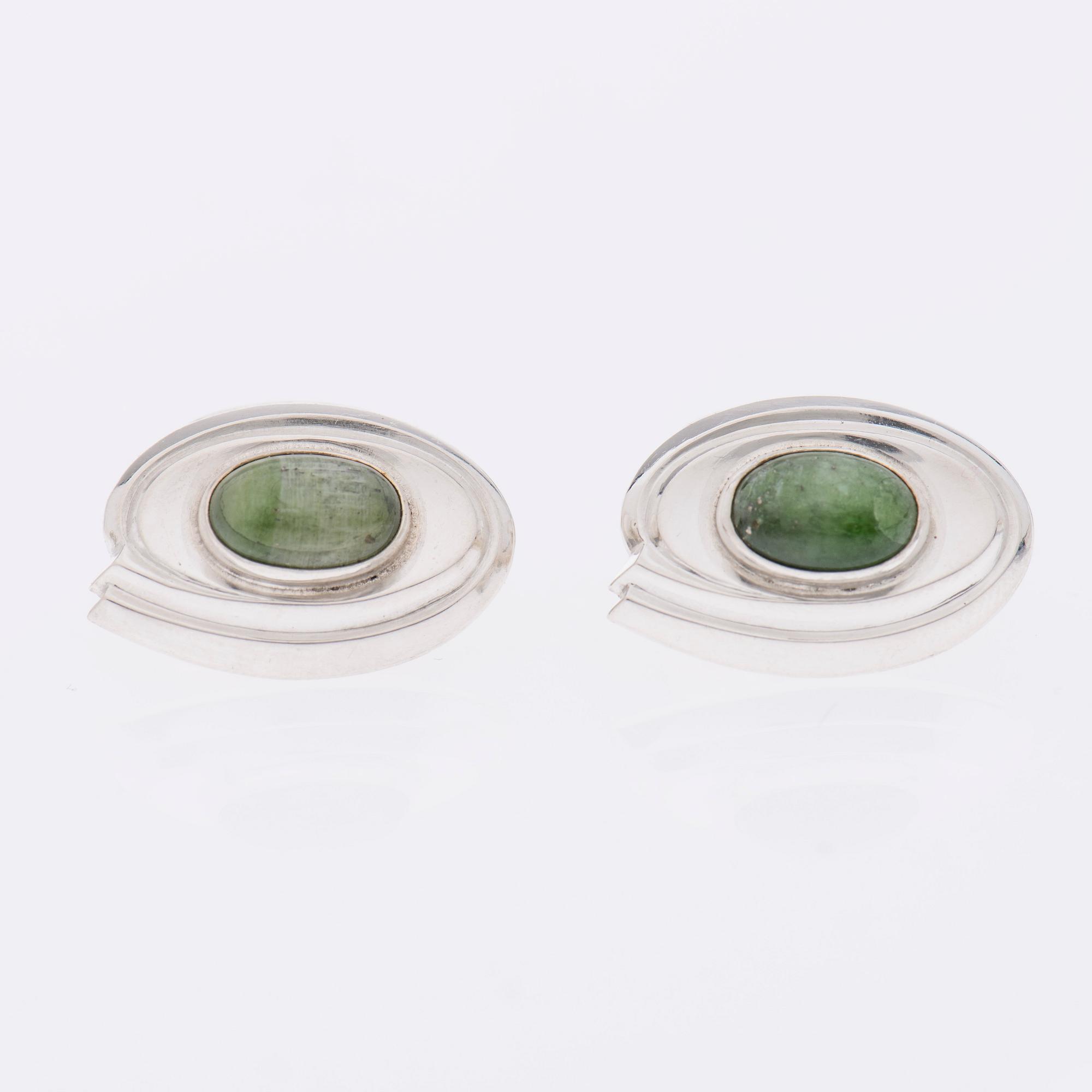MANSCHETTKNAPPAR, silver, gröna stenar, N. Westerback Helsingfors 1965.