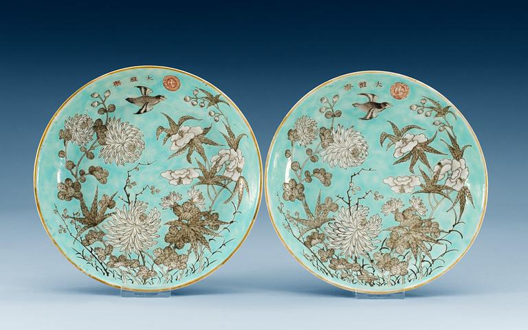 A pair of turquoise glazed 'Da ya zhai' dishes, late Qing dynasty (1644-1912).