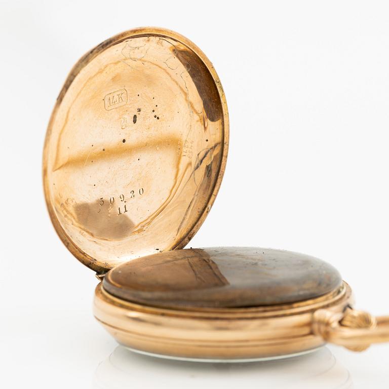 Pocket watch, 37 mm, 14K gold, Chain in 18K gold.