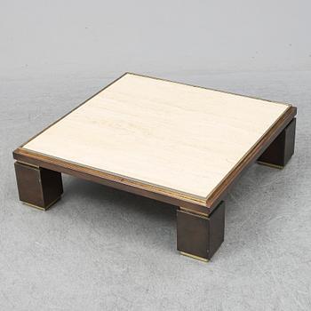 A travetine and brass sofa table, 1970s, probably Belgo Chrome.