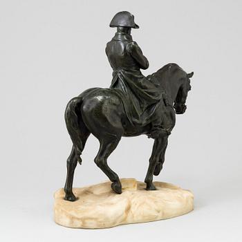 A bronze sculpture of Napoleon on horseback, 20th century mounted on a white marble inscribed "1813" and "Conille".