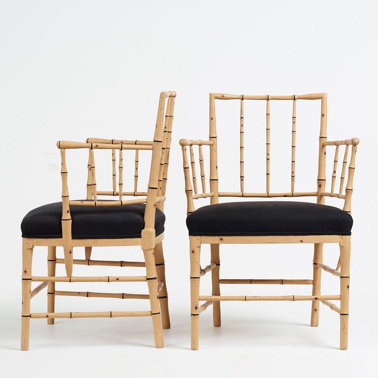 A pair of late Gustavian bamboo imitation armchairs by Ephraim Ståhl, master in Stockholm 1794-1820.