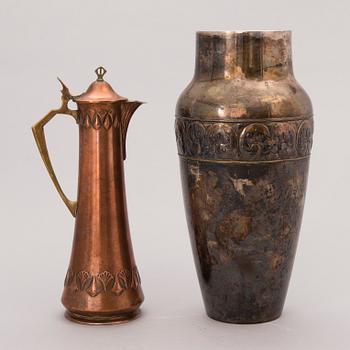 An early 20th Century Jugend copper and brass jug and silver-plated vase.