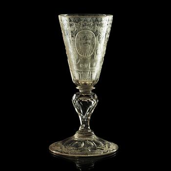 782. A German engraved and cut glass goblet, 18th Century.