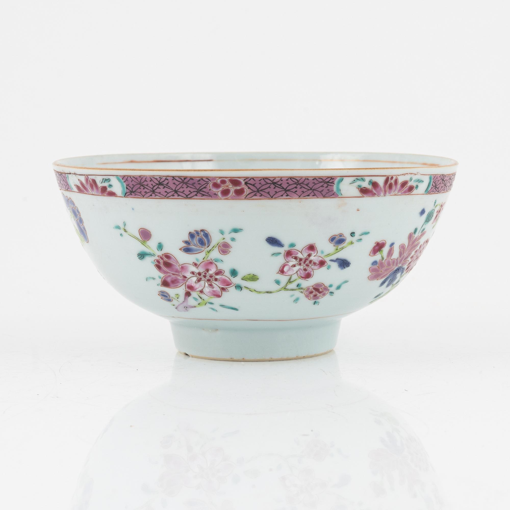 A famille rose dish, sauce boat and bowl, Qing dynasty, 18th Century.