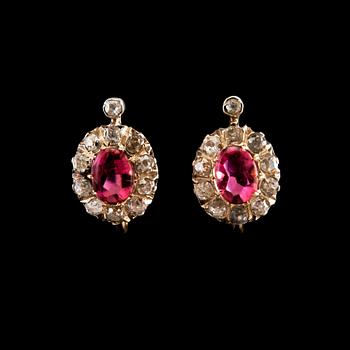 A PAIR OF EARRINGS, antique cut diamonds c. 1.35 ct. Cabochon cut tourmalines. Weight 3.7.