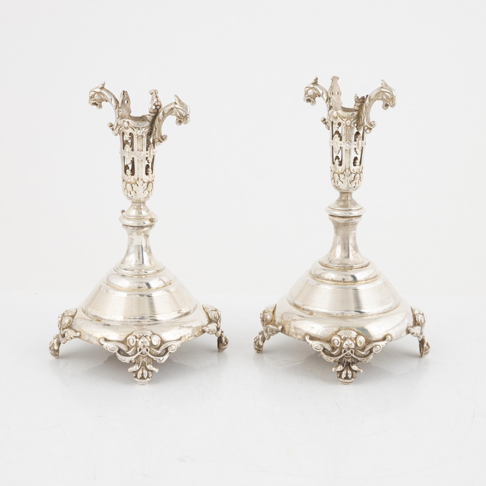 Württembergische Metallwarenfabrik, WMF, candlesticks, a pair of similar ones, nickel silver, circa 1900.