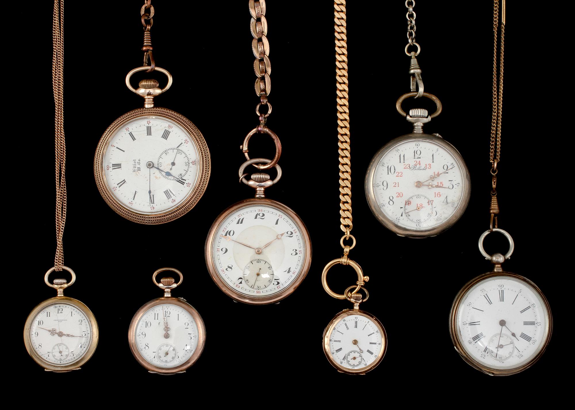 PARTI FICKUR, 7 st, varav ett i 14k guld och resterande i mestadels silver.