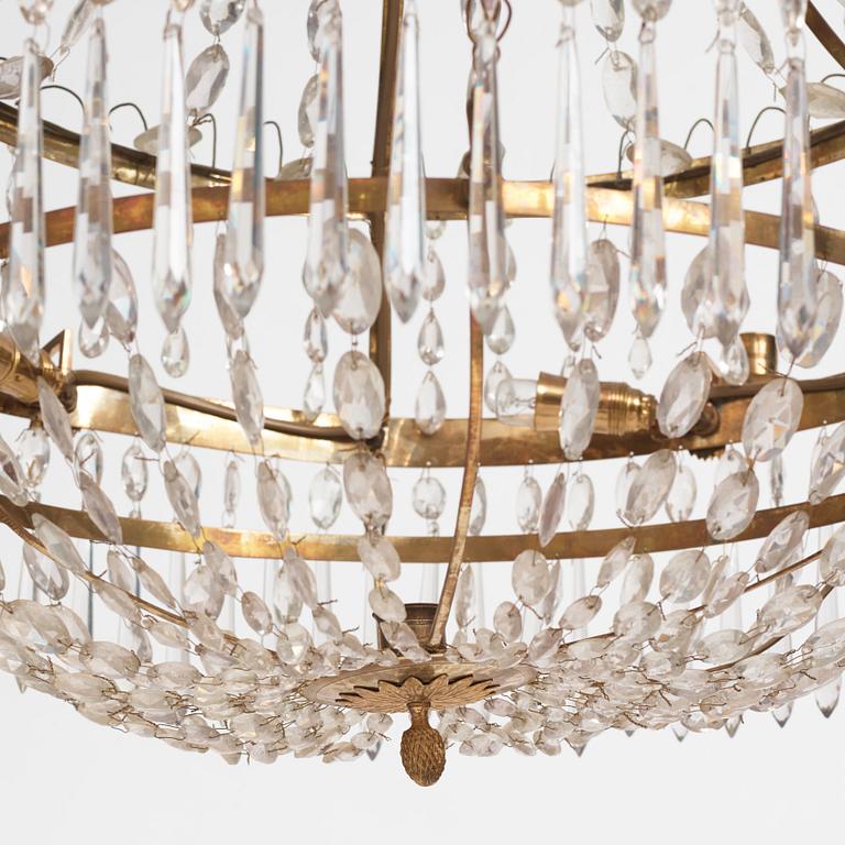 A late Gustavian gilt brass and cut glass seven-light chandelier, Stockholm, late 18th century.