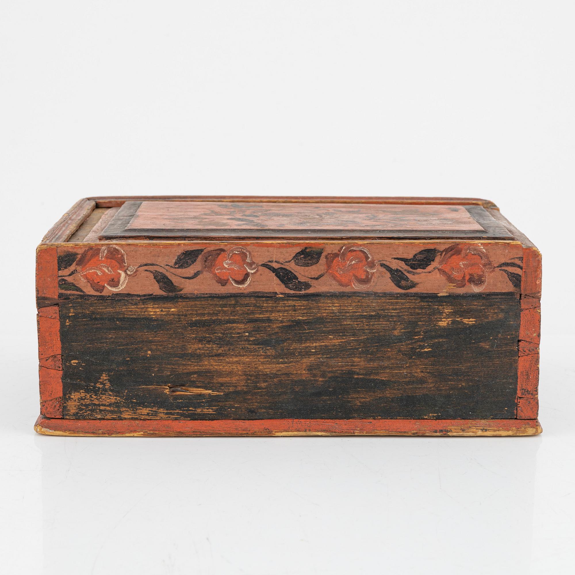 Ask med lock, s k timplåda, allmoge, 1800-talets andra hälft.