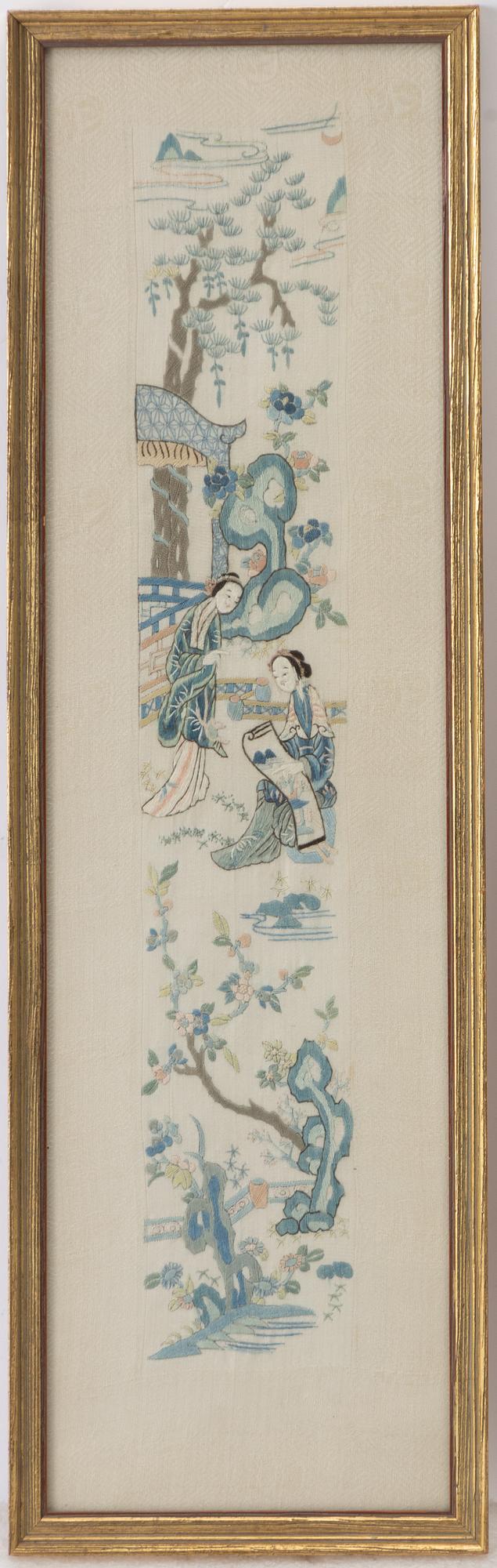 Two framed Chinese textile embroiderieds, late Qing dynasty, circa 1900.
