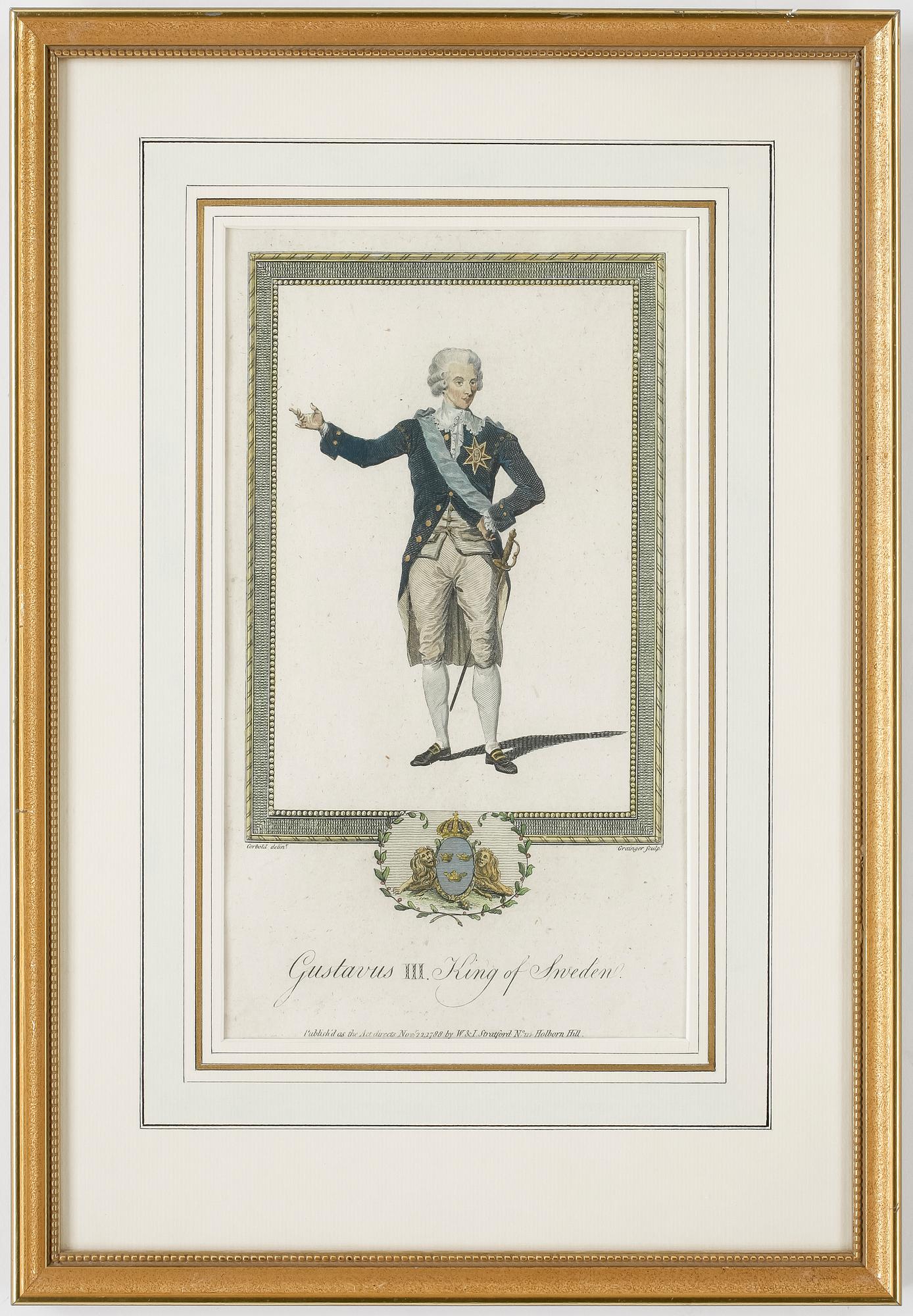 GRAVYR, handkolorerad, Gustav III, W&I Stratford, London, 1788.