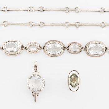 Anna Maria Öberg, bracelet, necklace, pendant, and ring, silver with rock crystal.